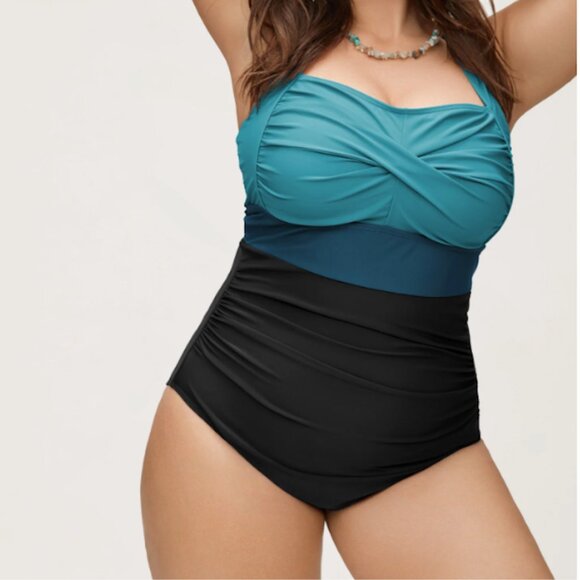 Bloom Chic - Twist Front Tummy-Control One Piece Swimsuit - Cyan - size 18-20/2X - Picture 1 of 3
